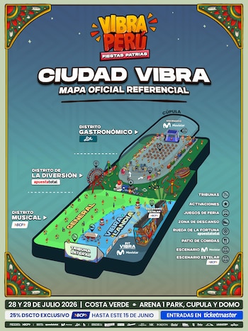 Mapa del festival Vibra Perú con zonas temáticas, escenarios, tribunas, áreas gastronómicas, de diversión y activaciones. Incluye fechas, lugar y venta de entradas
