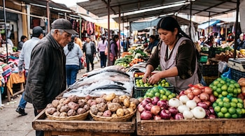 Puesto de mercado con papas, cebollas, limones y pescados sobre hielo, donde una mujer acomoda los productos y un hombre la observa.