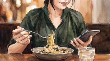 Ilustración en acuarela de una persona sentada a la mesa, comiendo pasta con un tenedor, sosteniendo un teléfono móvil y con un vaso de agua.