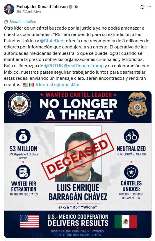 Ronald Johnson reconoce a México por el abatimiento del