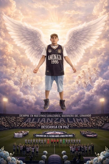 Imagen póstuma de Freddy Cornetero Cueva con alas de ángel sobre el estadio Matute, donde hinchas y jugadores de Alianza Lima le rinden tributo