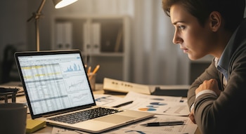 Mujer joven con cabello corto mirando atentamente una laptop que muestra hojas de cálculo y gráficos, rodeada de documentos sobre un escritorio.