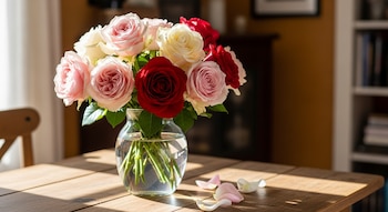 Un ramo de rosas frescas rosadas, blancas y rojas en un florero de cristal sobre una mesa de madera, con pétalos sueltos y sombras de luz natural.