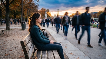 Una mujer joven de perfil sentada en un banco de madera de un parque, con transeúntes en movimiento y árboles al atardecer.