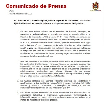 Un militar murió tras recibir disparos de un compañero en una base del Ejército Nacional en Buriticá, Antioquia - crédito Ejército Nacional