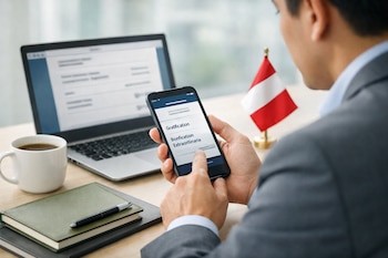 Hombre de espaldas sostiene un teléfono móvil con pantalla de depósito bancario. Sobre el escritorio se ven una portátil, una taza de café, agenda y bandera de Perú.