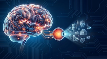 Cerebro humano luminoso conectado a un ojo que proyecta hologramas de rostros, casas, bombillas y objetos abstractos sobre un fondo azul con circuitos.