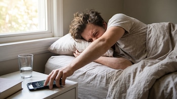 Hombre en cama, rostro con ojos cerrados, brazo extendido sobre teléfono celular que marca 6:45 AM. Vaso con agua y libro en mesa de noche. Ventana con luz.