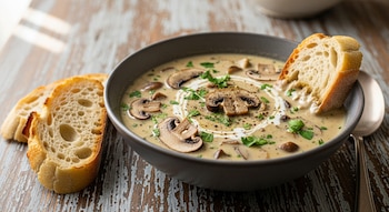 Primer plano de un tazón gris de sopa cremosa de hongos con champiñones en rodajas, perejil fresco y un remolino de crema, junto a rebanadas de pan.