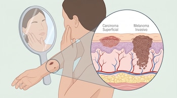 Ilustración de una persona mirándose el brazo en un espejo. Un círculo ampliado muestra un carcinoma superficial y un melanoma invasivo en las capas de la piel.