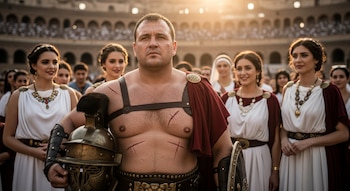 Un hombre robusto con cicatrices y un casco, vestido con atuendo de gladiador, se encuentra en el Coliseo rodeado de mujeres con túnicas y joyas.
