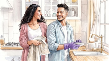 Ilustración de un hombre con guantes lavando un plato y una mujer secando otro con un paño junto al fregadero de una cocina.