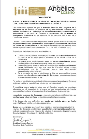 La congresista señaló que es