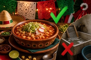 Una cazuela de barro con pozole rojo al lado de un lavadero de piedra, señalados con una marca de verificación verde y una cruz roja.