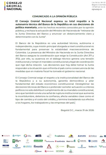 El Consejo Gremial mostró total respaldo al Banco de la República - crédito Consejo Gremial
