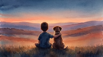 Ilustración en acuarela de un niño de espaldas y un perro sentados en la hierba frente a un paisaje de colinas al atardecer.
