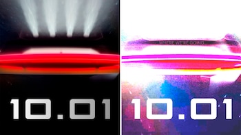 Dos versiones de una imagen promocional de la parte trasera de un automóvil con el número 10.01 y el texto Where we're going