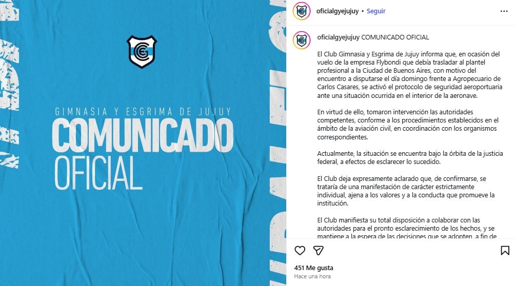El comunicado de Gimnasia y Esgrima de Jujuy tras el episodio en el avión (Instagram @oficialgyejujuy)
