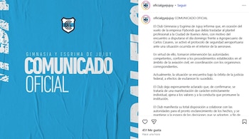El comunicado de Gimnasia y Esgrima de Jujuy tras el episodio en el avión (Instagram @oficialgyejujuy)