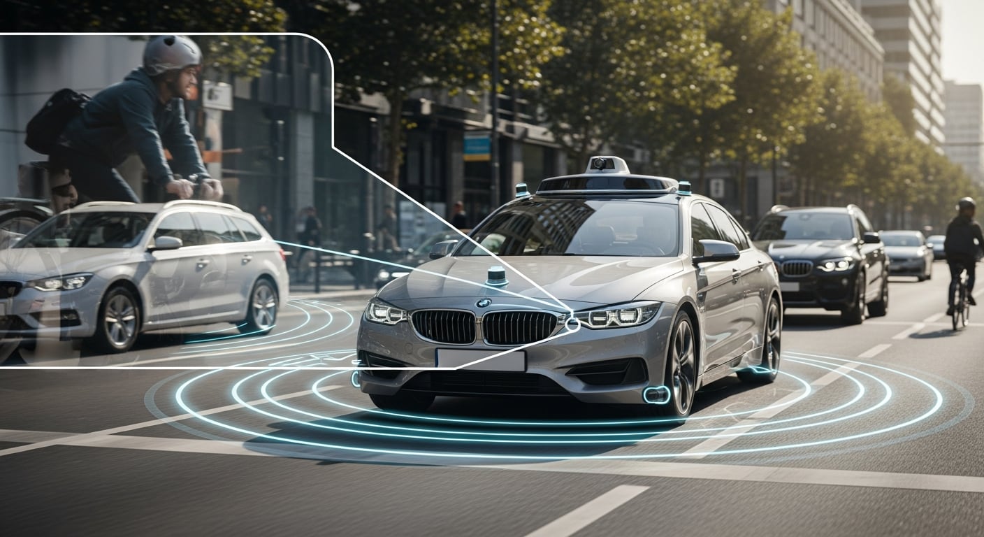 Auto autónomo circula por una ciudad detectando vehículos y peatones (Imagen Ilustrativa Infobae)