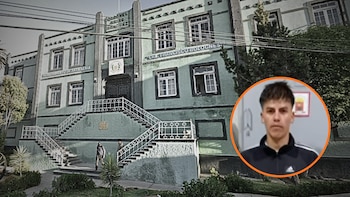 Montaje de un edificio verde del Ejército Peruano con dos escaleras y ventanas, y en la esquina inferior derecha, un retrato circular de un joven