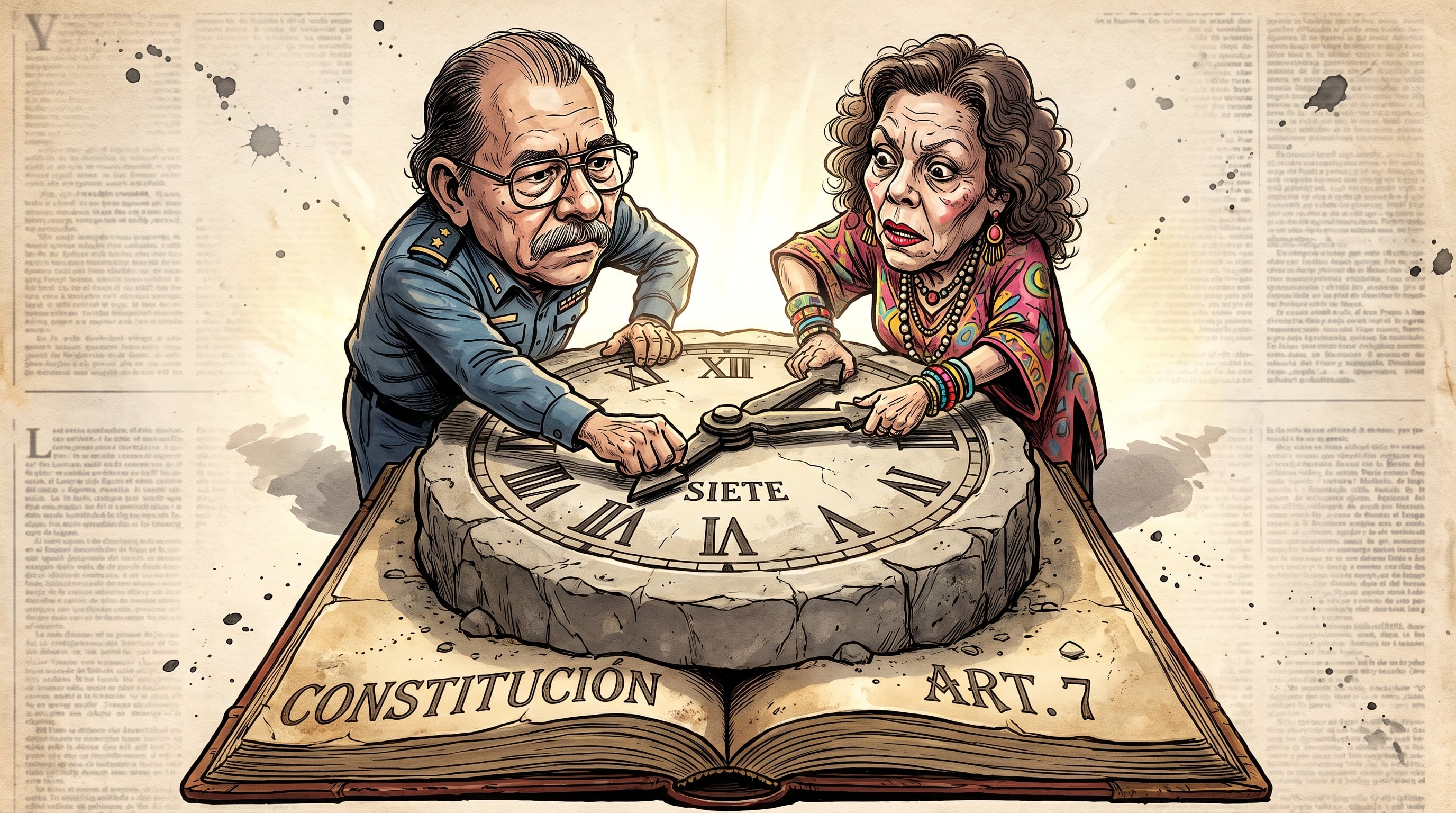 Daniel Ortega y Rosario Murillo mueven las agujas de un reloj de piedra hacia el número siete sobre un libro abierto de la Constitución. (Imagen Ilustrativa Infobae)
