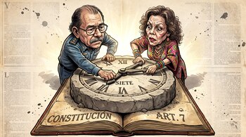 Caricatura de Daniel Ortega y Rosario Murillo moviendo un reloj de piedra sobre un libro con la palabra Constitución y Artículo siete.