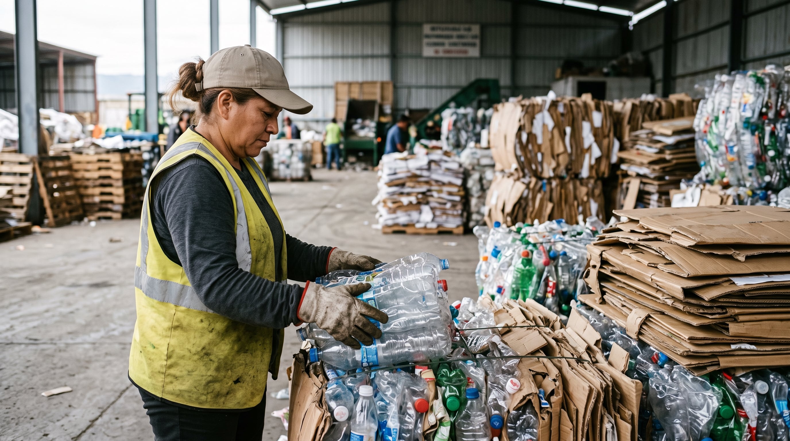 Una trabajadora clasifica fardos de botellas de plástico y cartón prensado en un centro de acopio y reciclaje. (Imagen Ilustrativa Infobae)