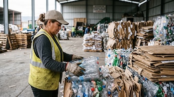 Una mujer con gorra, guantes y chaleco reflectante manipula botellas plásticas sobre fardos de cartón en un galpón de reciclaje.