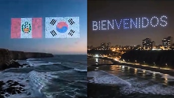 Dos composiciones nocturnas con drones que forman las banderas de Perú y Corea del Sur, y la palabra BIENVENIDOS sobre el mar y la costa