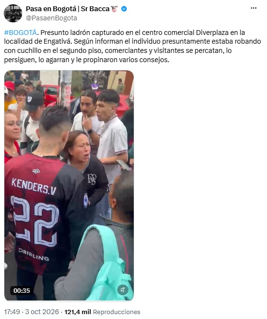 Un presunto hurto en Diverplaza terminó con la retención de un hombre por ciudadanos - crédito @PasaenBogota/X