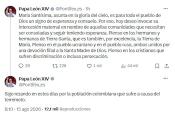 El Papa León XIV volvió a pronunciarse sobre Colombia tras el terremoto del 10 de agosto de 2026 y aseguró que mantiene sus oraciones por los damnificados - crédito @Pontifex_es/X