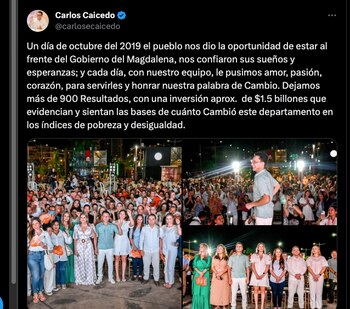 Carlos Caicedo saca pecho por su gestión cuando fue gobernador - crédito @carloscaicedo