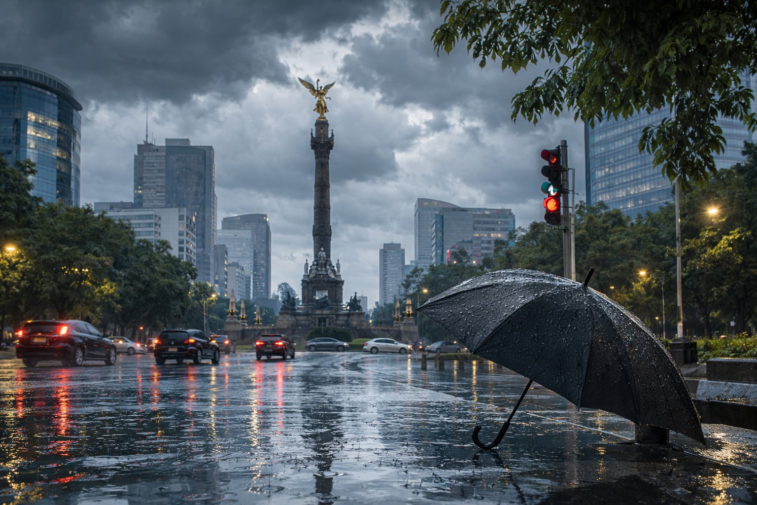 Un paraguas descansa en la banqueta de una avenida mojada por la lluvia, con el Ángel de la Independencia y edificios altos iluminados bajo un cielo nublado en Ciudad de México. (Imagen Ilustrativa Infobae)