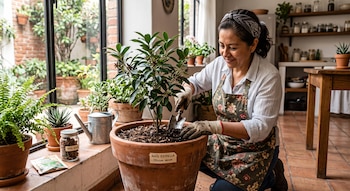 Una mujer con delantal y guantes usa una pala pequeña en una maceta etiquetada con la inscripción anís estrella, rodeada de plantas