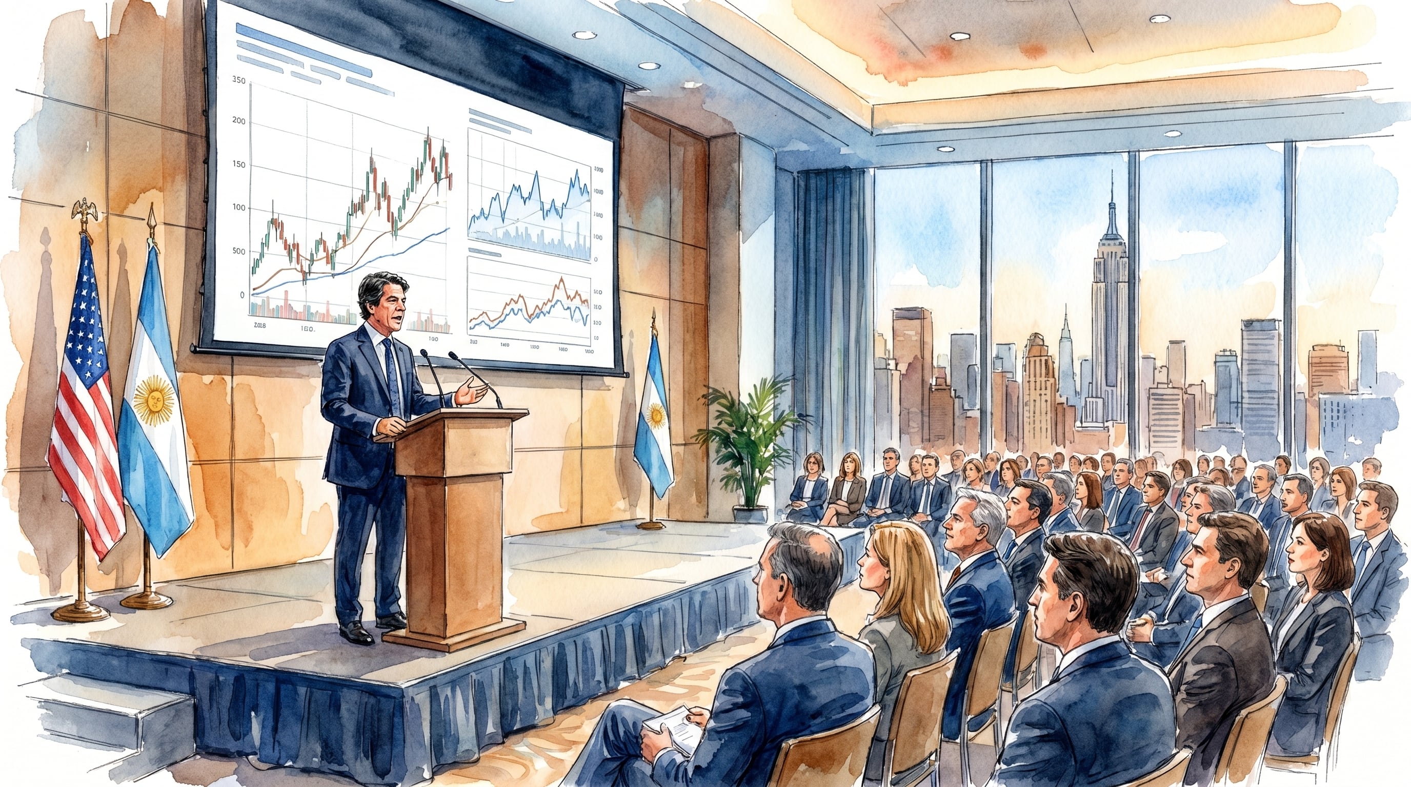 Nicolás Posse, primer jefe de Gabinete de Argentina, presenta la situación económica del país ante un auditorio de analistas financieros en Estados Unidos, destacando las perspectivas de inversión en un contexto de reformas. (Imagen Ilustrativa Infobae)