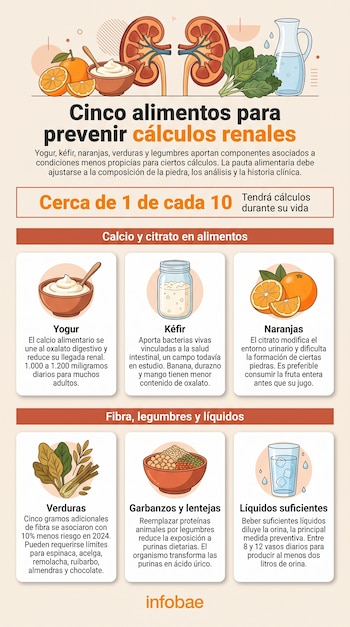 Infografía con ilustraciones de riñones, yogur, kéfir, naranjas, verduras, legumbres y un vaso de agua, acompañadas por recuadros informativos.