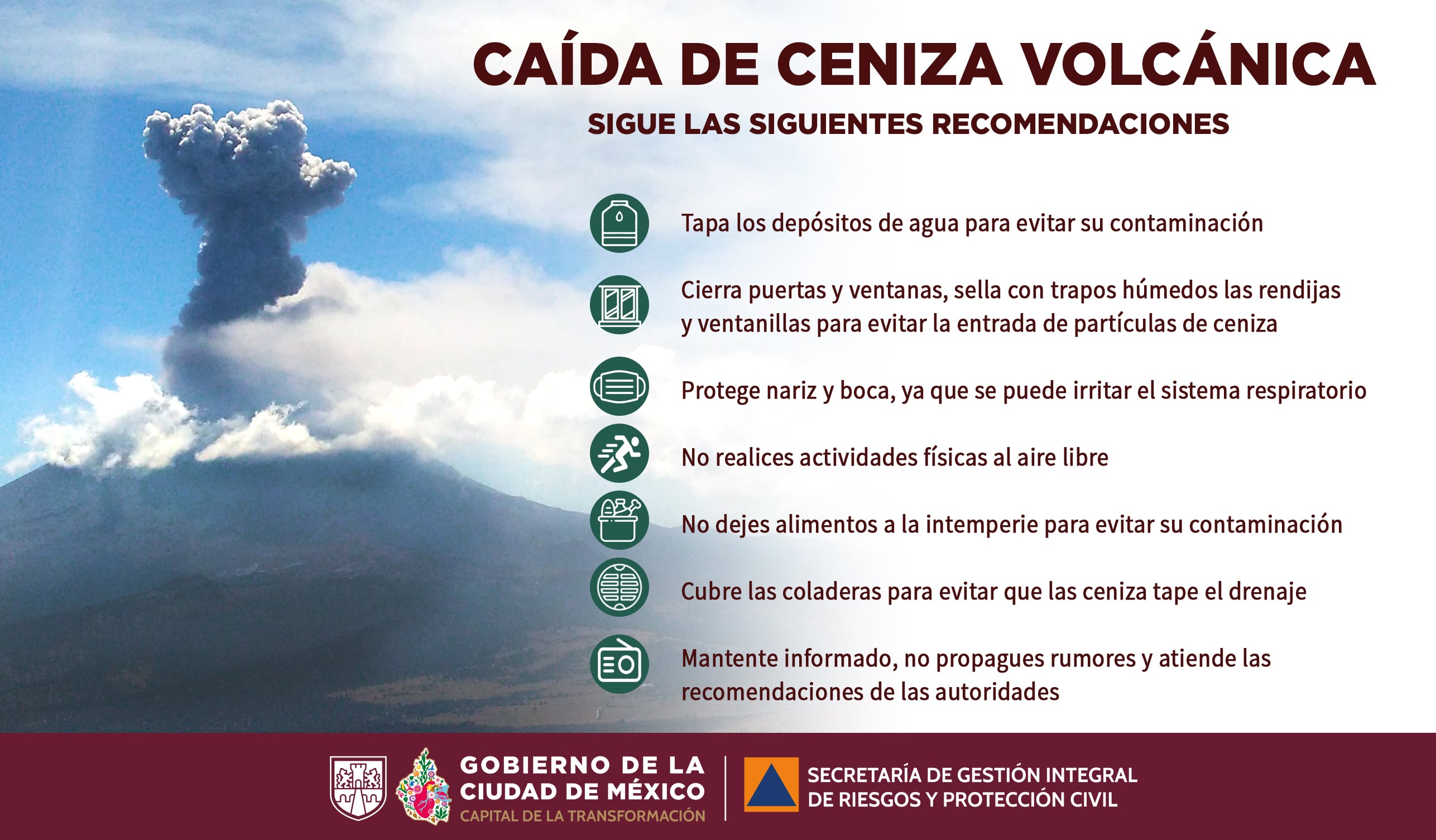 Recomendaciones del Gobierno de CDMX ante caída de ceniza volcánica. (Gobierno de la Ciudad de México)