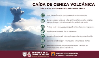 Volcán Popocatépetl en erupción y una infografía con siete recomendaciones oficiales de la Ciudad de México para la caída de ceniza