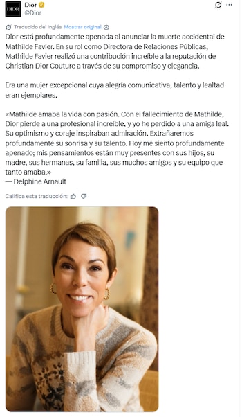 Murió Mathilde Favier, directora de relaciones públicas de Dior