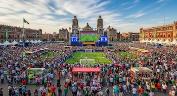 Vista aérea del FIFA Fan Festival en el Zócalo de CDMX, con miles de personas, una pantalla gigante, un campo de fútbol y puestos de venta frente a edificios históricos.