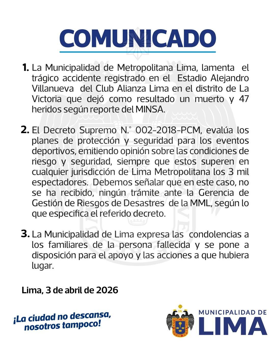 Comunicado de la Municipalidad Metropolitana de Lima.