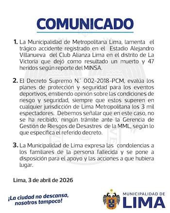 Comunicado de la Municipalidad Metropolitana de Lima.