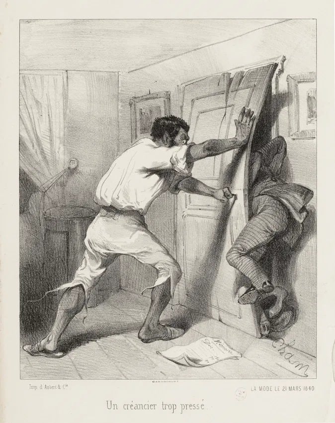 Una litografía de Cham (Charles Amédée de Noé) titulada “Un acreedor con demasiada prisa”, 1840 (Wikimedia)