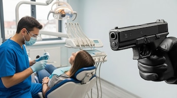 En un consultorio dental, un odontólogo con mascarilla examina a una paciente en un sillón, mientras una mano enguantada de negro empuña una pistola.
