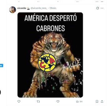 Meme muestra un tigre musculoso y enojado con el logo del Club América en su pecho, sobre un fondo negro, con el texto "AMÉRICA DESPERTÓ CABRONES"
