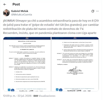 Post de Gabriel Meluk con la citación de la asamblea extraordinaria de la Dimayor para tratar el tema de la repartición de los derechos de televisión - crédito X