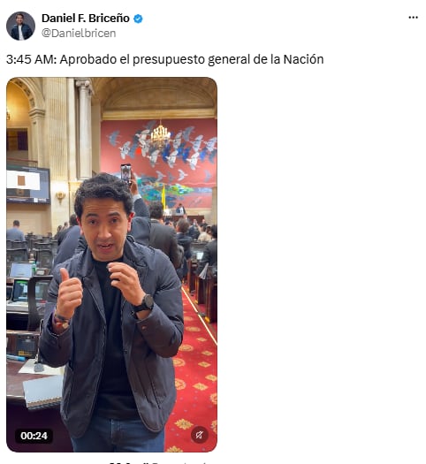 Daniel Briceño anunció un recorte de $181 mil millones a la JEP tras votar el Presupuesto - crédito @Danielbricen/X
