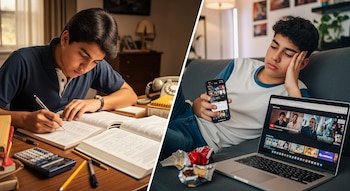 Dos imágenes en una: a la izquierda, un estudiante latino de los 80 escribe en un libro con una calculadora; a la derecha, un adolescente moderno usa una laptop y un celular.