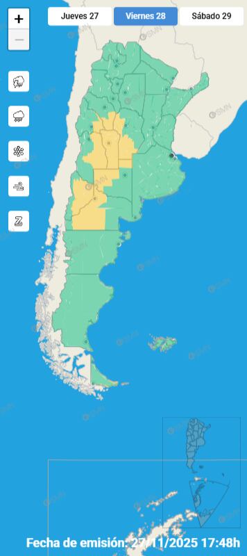 El sistema frontal frío provoca tormentas severas en el oeste de Río Negro, Neuquén, La Pampa, Mendoza, San Juan, San Luis y Córdoba